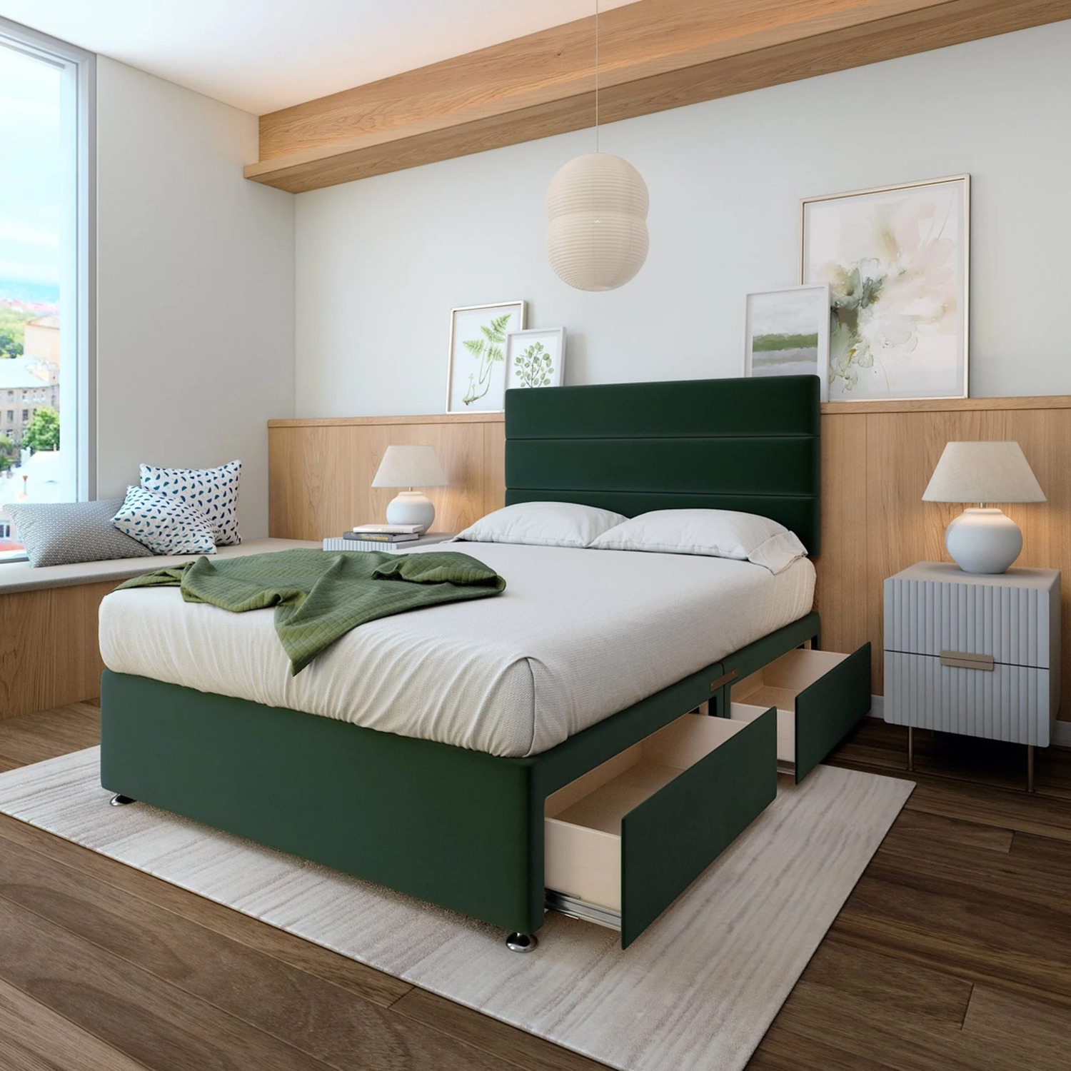 Plush Velvet Divan Base With Storage And Lined Headboard - Colour Options - Emerald Green Single 25kg