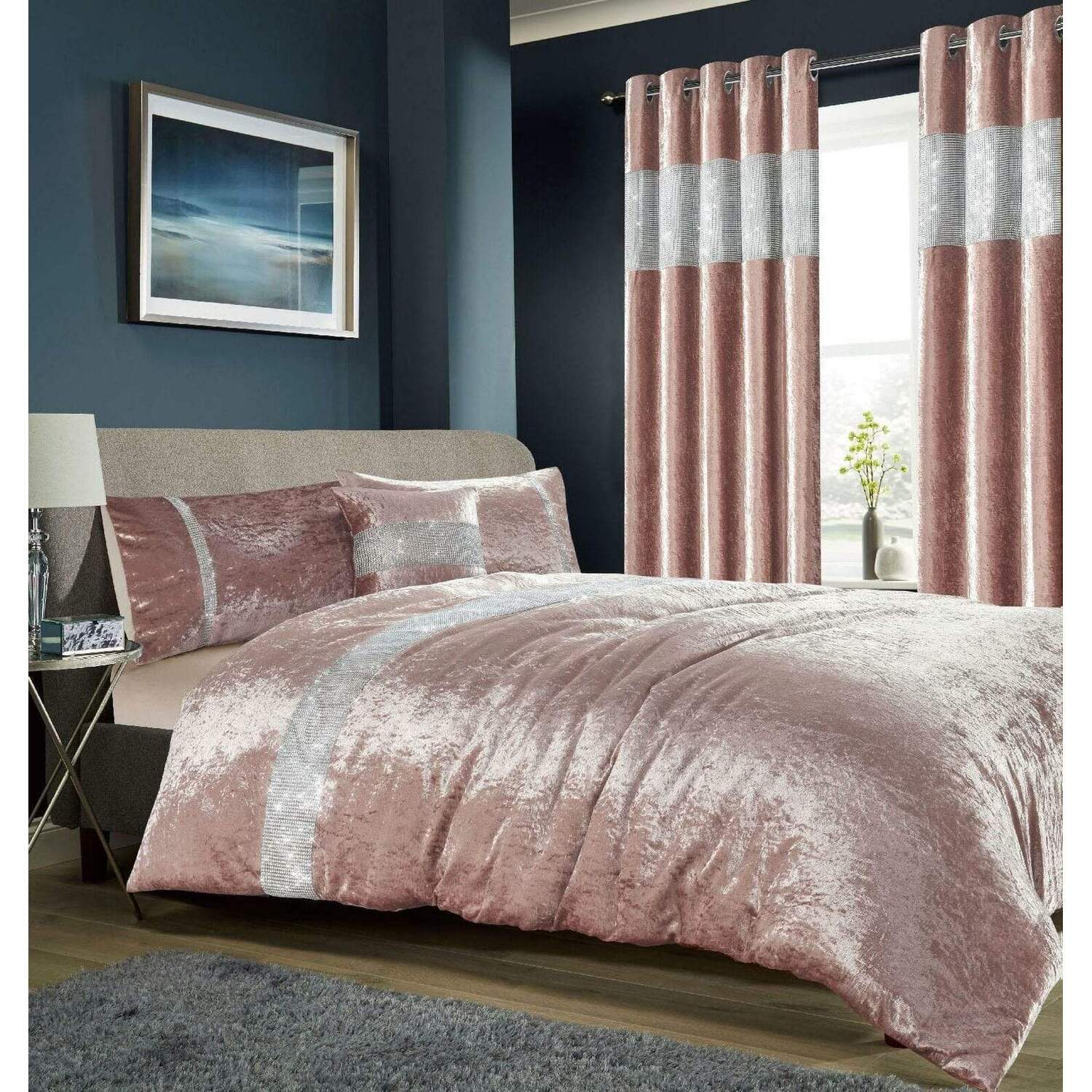 Diamante Crushed Velvet Duvet Set - Blush Pink Double