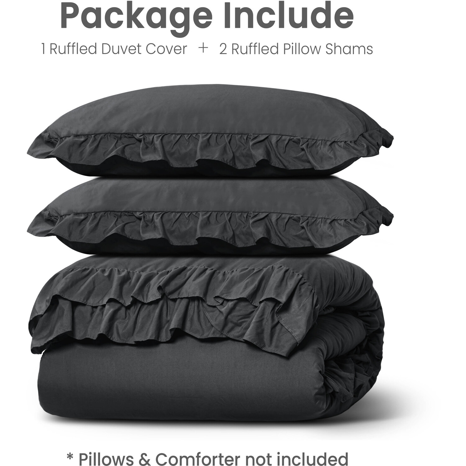 New Ruffled Borders Duvet Cover Set - Charcoal Double
