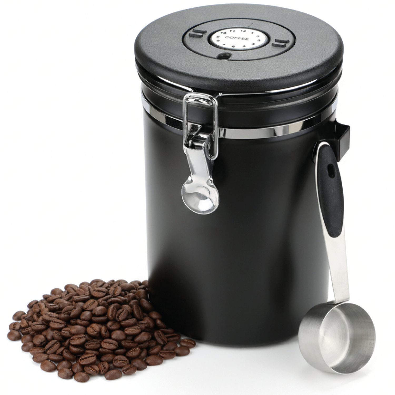 Spares2go Coffee Bean Storage Container Large Airtight Steel Jar Canister + Spoon 1800Ml - Black