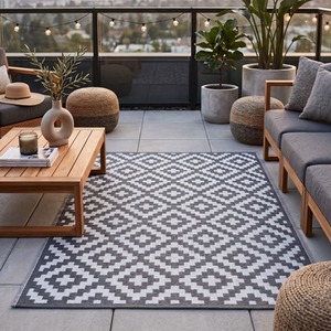 Grey / 300in Homescapes Outdoor Rug Luxury Waterproof Reversible Recycled, Grey Zoe Geometric shot 16397674