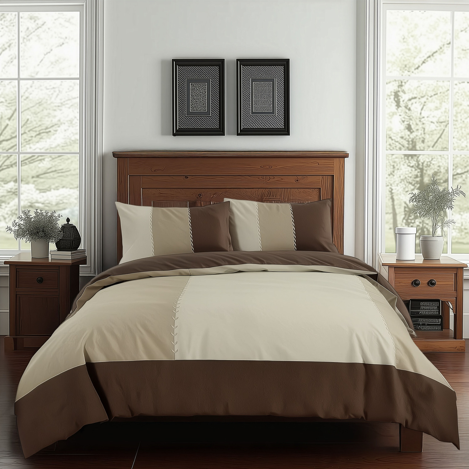 Duvet Cover And Pillowcase Set Black Blue Chocolate Patchwork Design Polycotton Bed Linen - Chocolate / Single