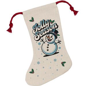 Jolly Season Christmas Snowman Stocking - Novelty Xmas Gift - Linen-Style With Red Drawstring Ties