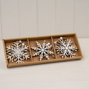 Brown Set of 6 Natural and White Wooden Hanging Snowflake