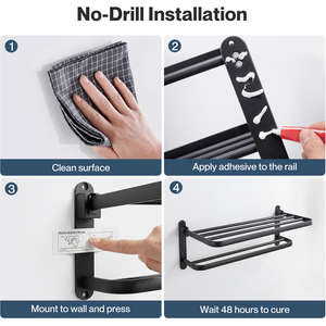 Towel Holder with 2 Bars Wall Mounted Black No Drill Bathroom Shelf
