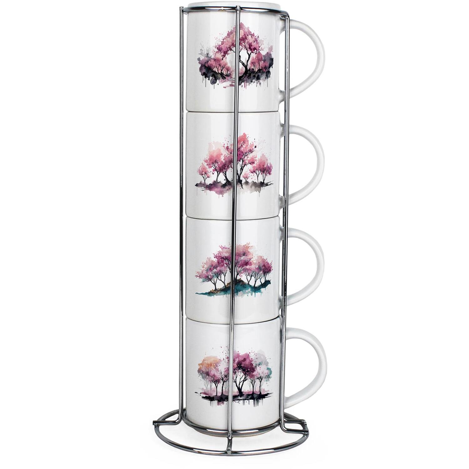 Cherry Blossoms Small Stacking Mugs Set - Floral Ceramic Mugs Gift Set of 4 - Image 2