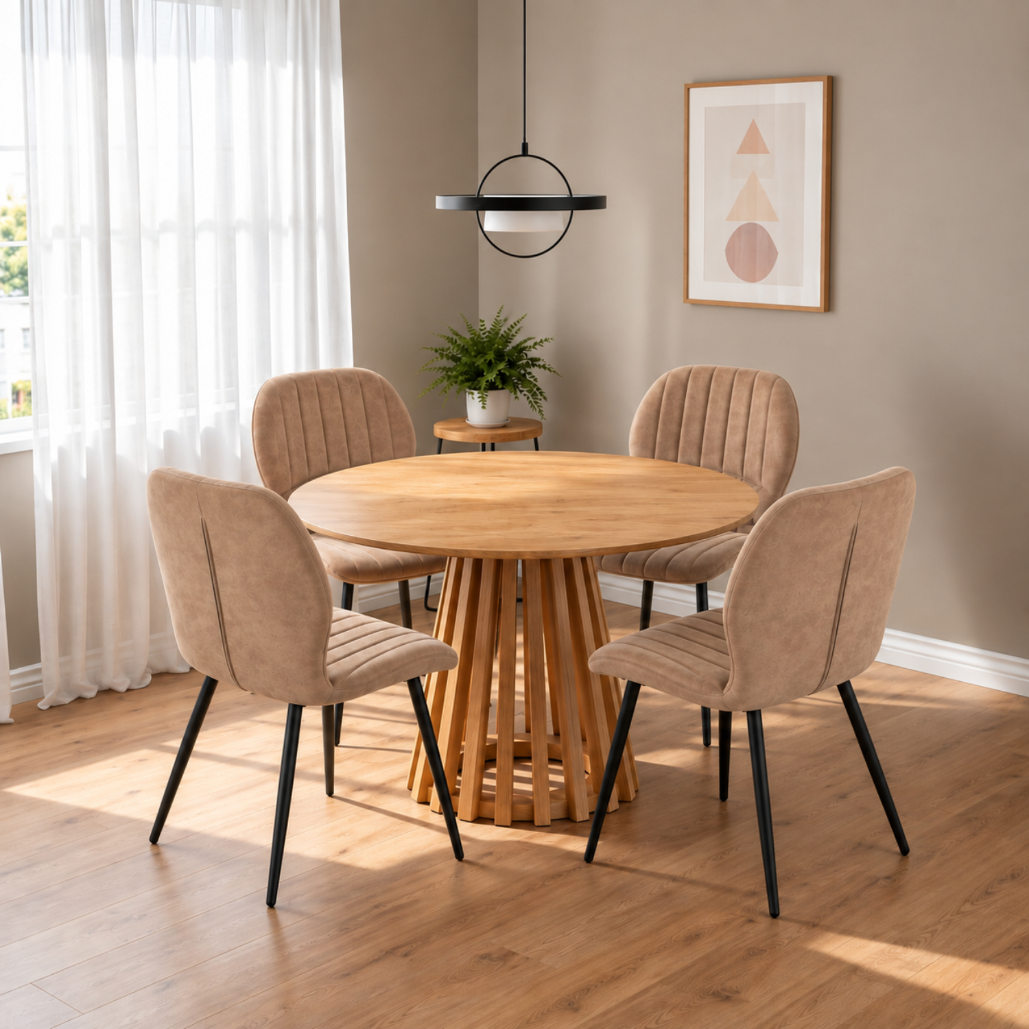 Madefor.living Kayci Round Oak Dining Table With 4 Jaydn Chairs - Tan, Grey - Image 4