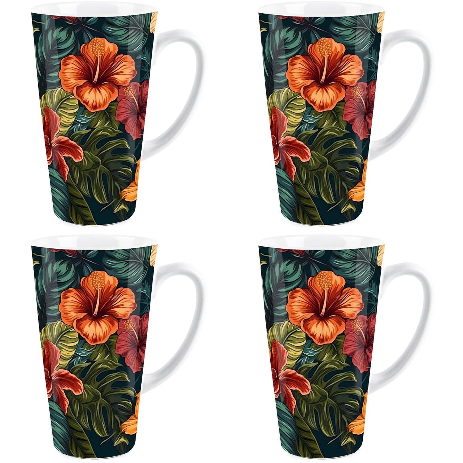 Purely Home Dark Hibiscus Flowers Large Latte Mugs - Set Of 4 - White