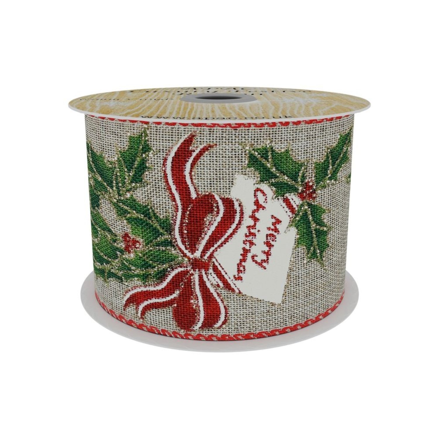 Kdmd Natural Ribbon With Holly & Bow Print X 10Yd - Multi
