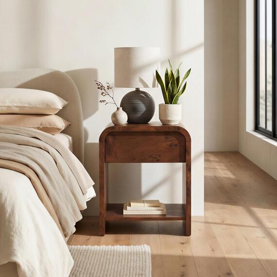Delphine Burl Wood Effect 1 Drawer Bedside Table