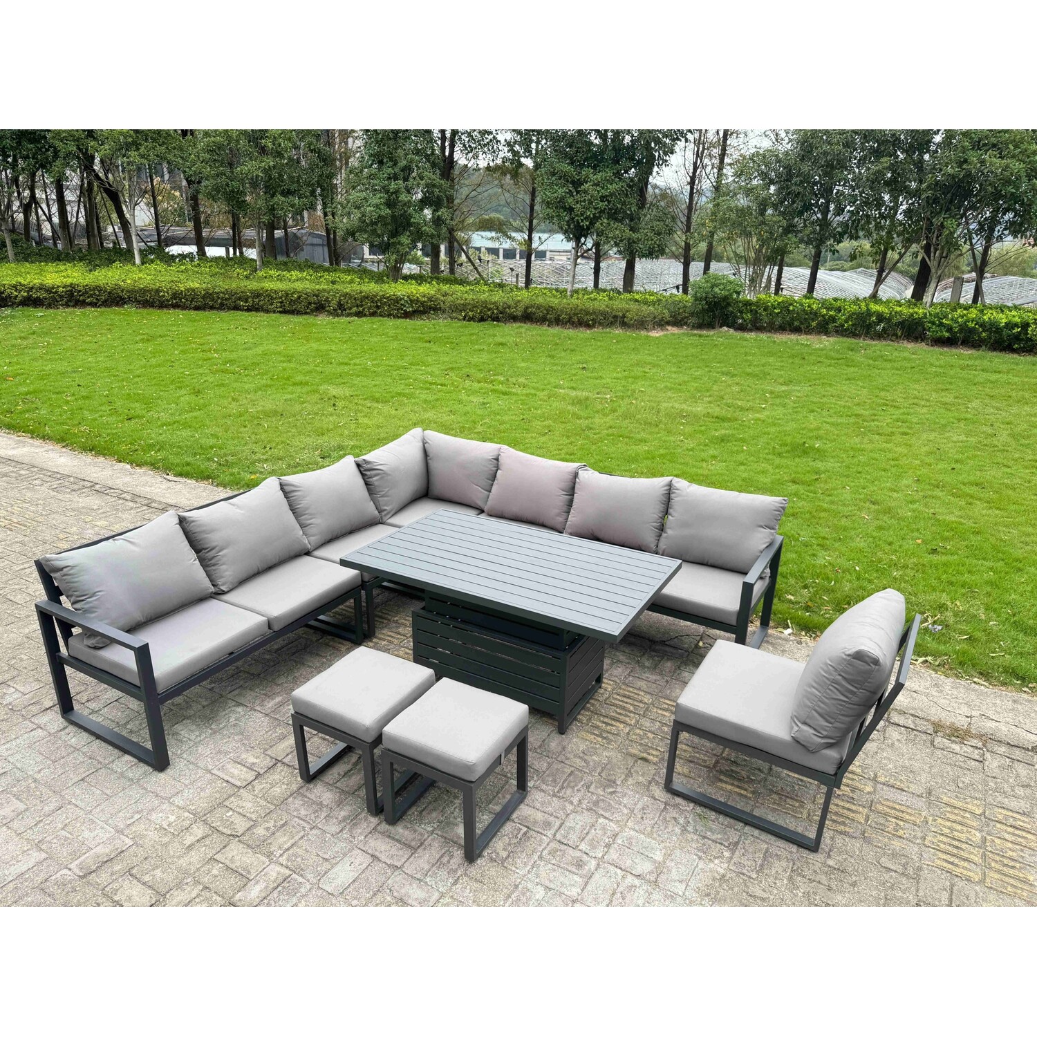 Fimous 9 Pieces Aluminium Garden Furniture Set With Cushions, Patio Furniture Set With Adjustable Rising Lifting Dining Table 2 Small Footstools Dark - Image 3