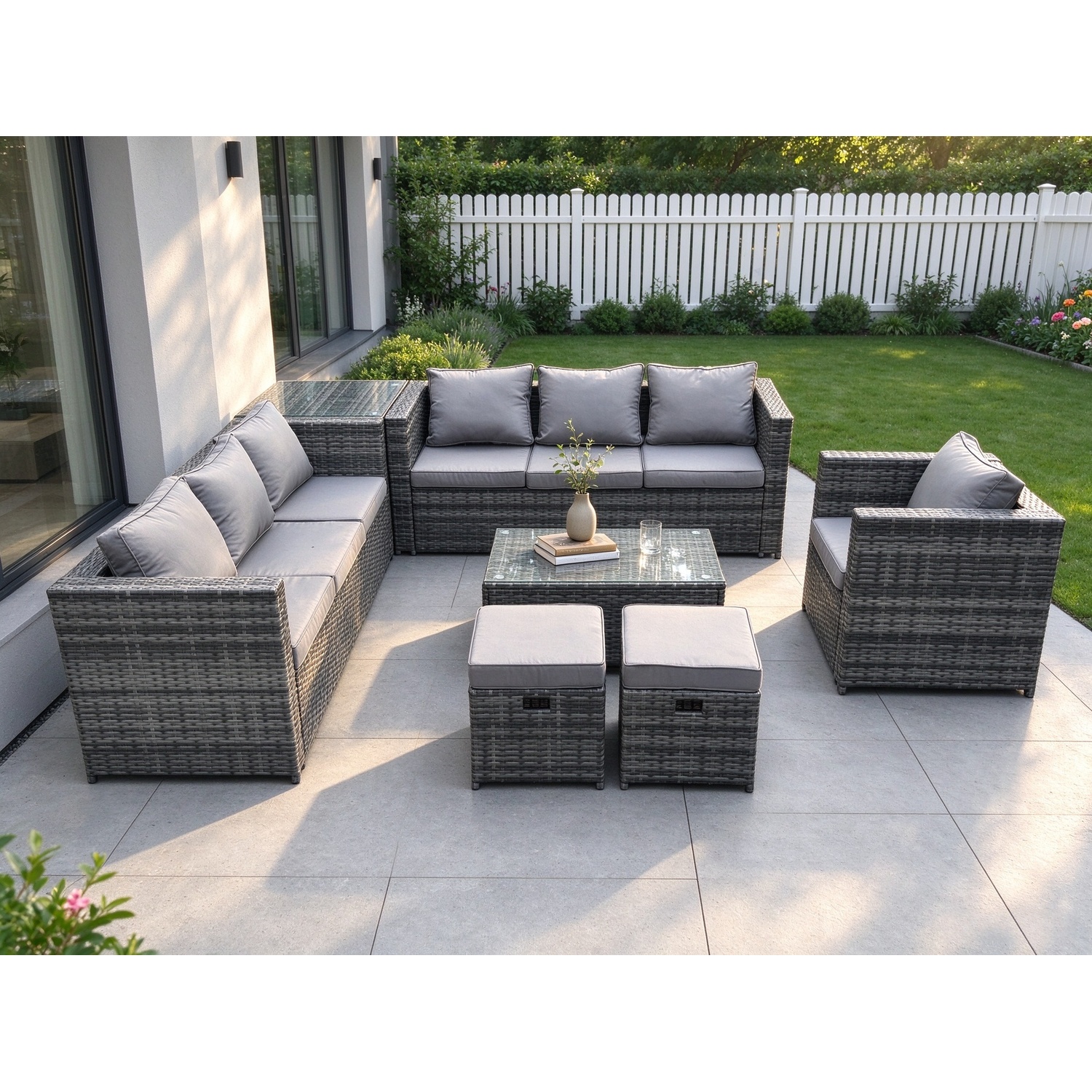 B&Q - Wicker Pe Rattan Sofa Set Outdoor Patio Garden Furniture With Armchair Oblong Coffee Table Side Table Dark Grey Mixed - Image 2