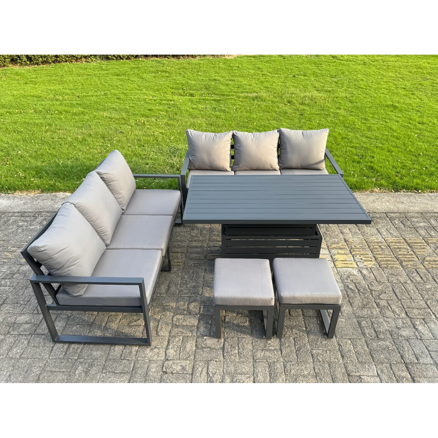 Fimous Dark/Grey 8 Seater Aluminium Garden Furniture Set With Adjustable Rising Dining Table, 2 Sofas, 2 Footstools - Image 3