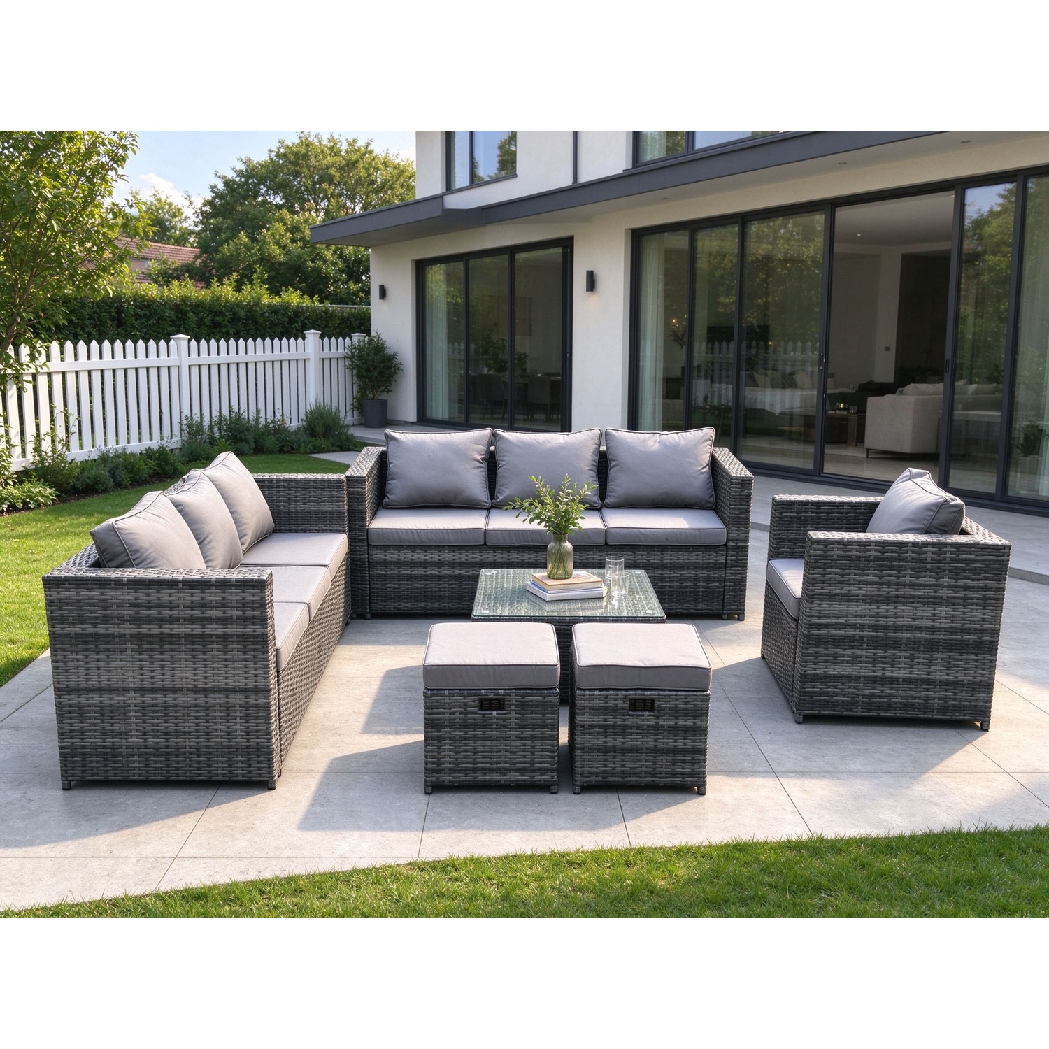 Fimous Dark/Grey 9-Seater Rattan Garden Sofa Set - Mixed Outdoor Lounge Set With Armchair, Square Coffee Table & 2 Small Footstools - Image 2