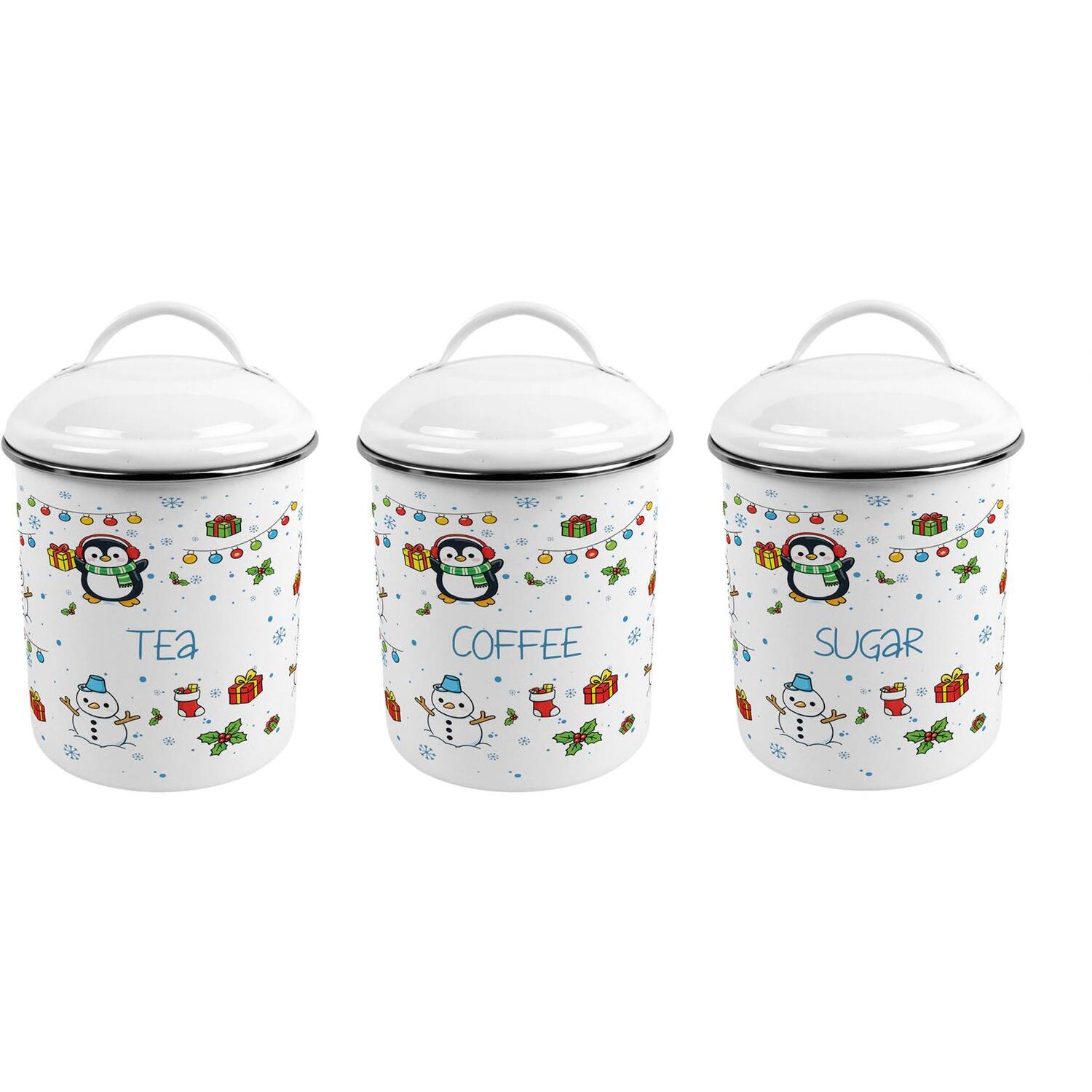 Purely Home Christmas Penguin Canister Set - Tea, Coffee & Sugar - Metal Kitchen Storage Containers - Multicoloured