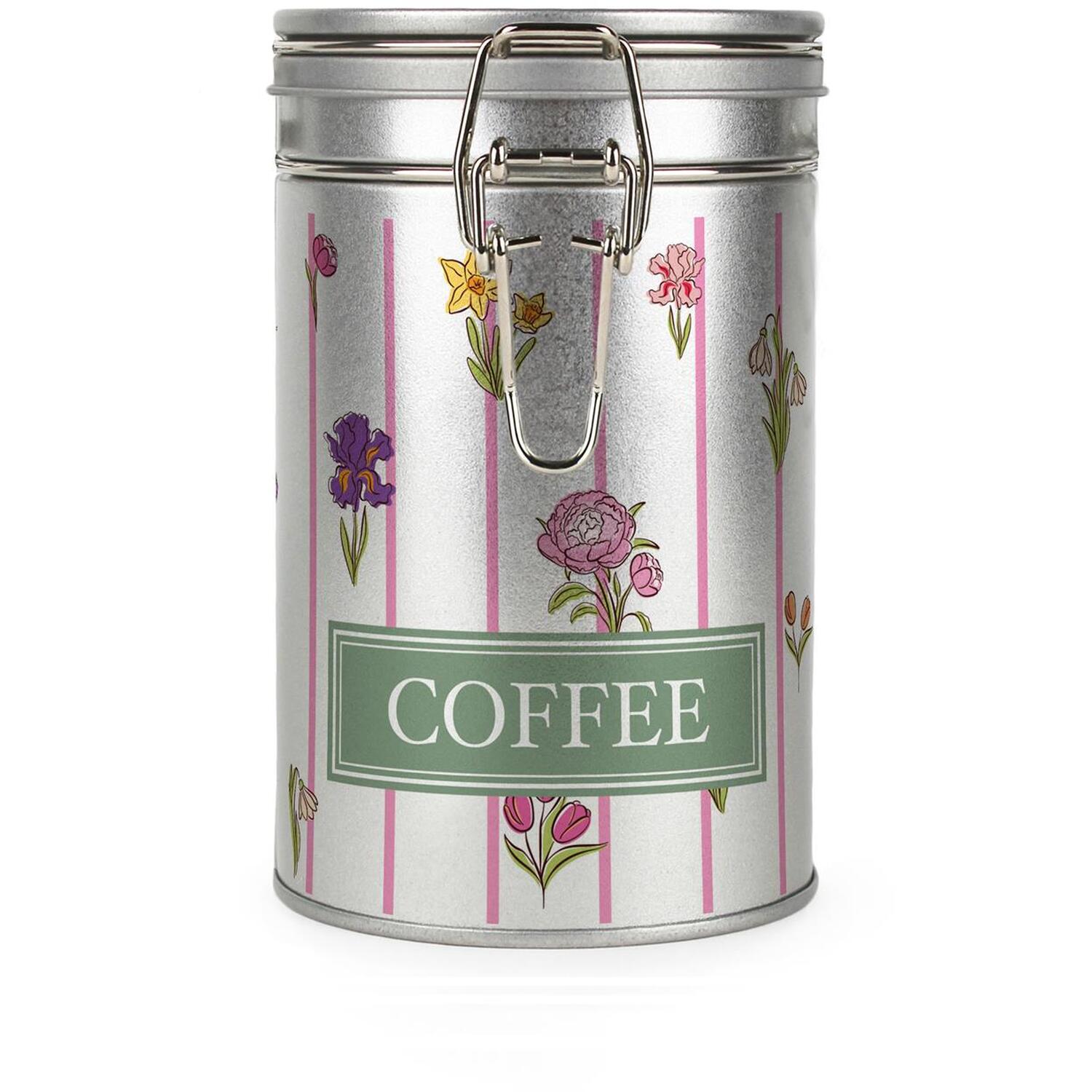 B&Q - Floral Stripes Coffee CanisterSilver Metal Kitchen Storage Container - Image 2