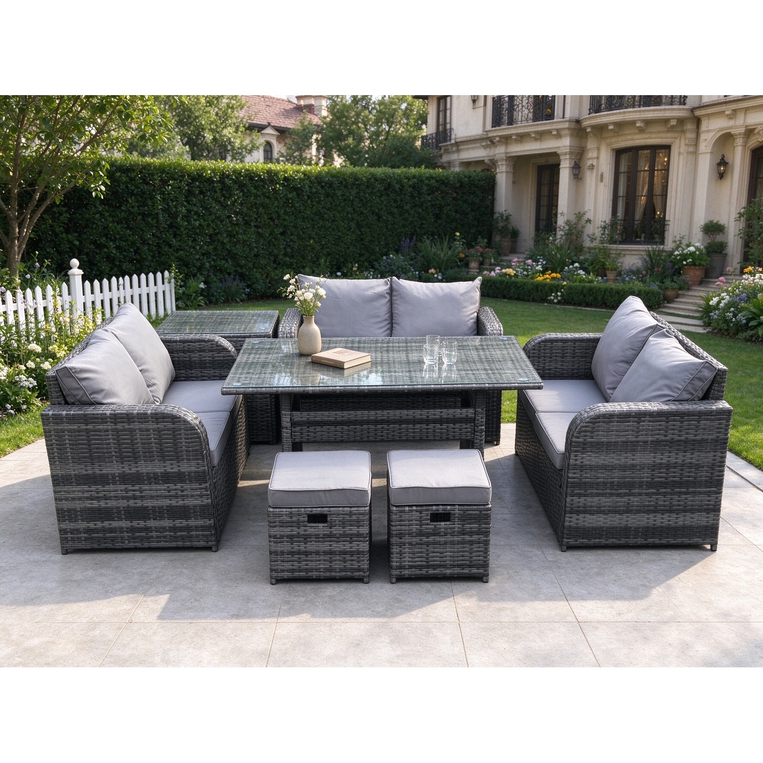 Rackhams Dark/Grey 8 Seater Outdoor Rattan Garden Furniture Set With Patio Rectangular Dining Table Love Sofa Side Table 2 Small Footstools Mixed - Image 2