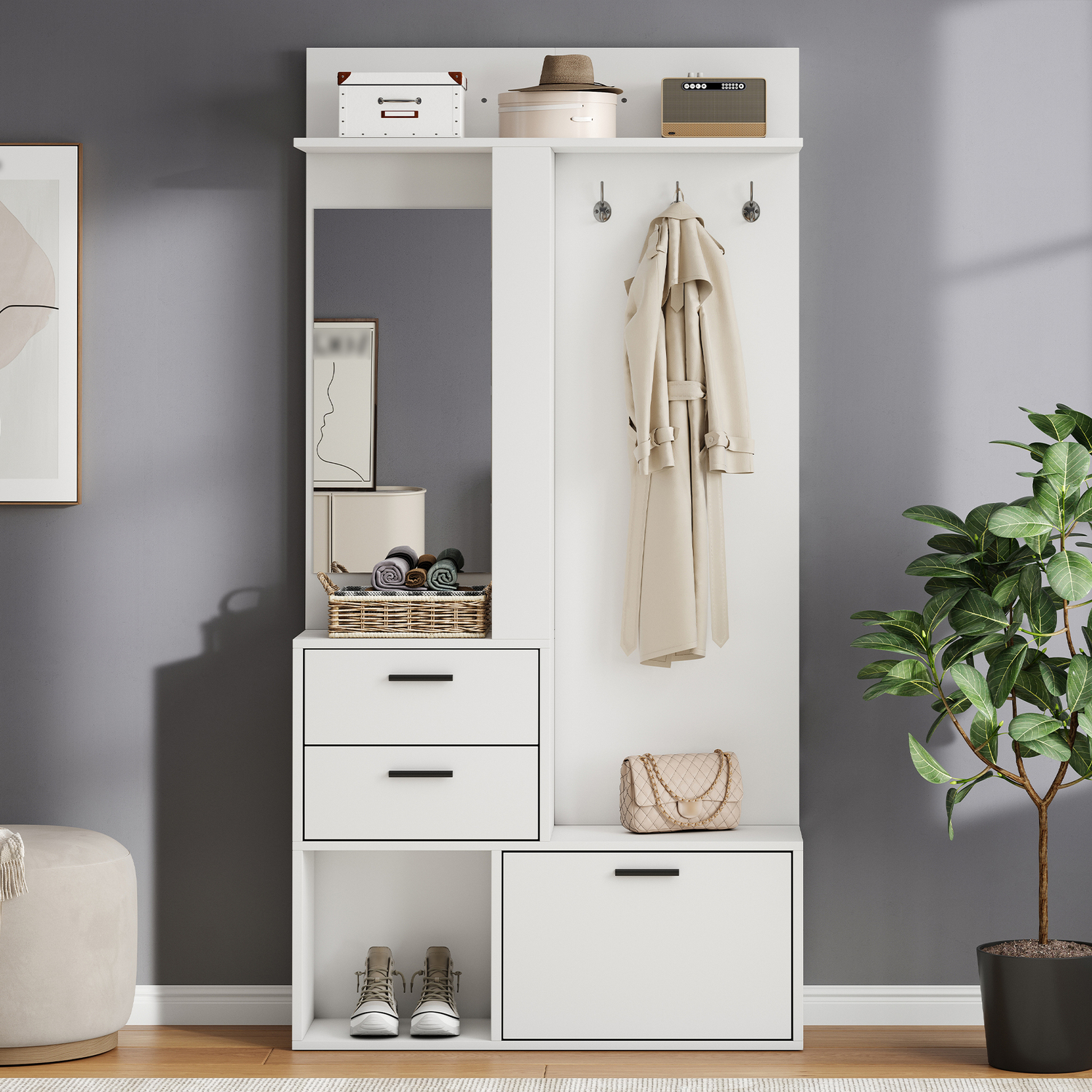 Aka White Hall Tree With Mirror, Coat Hooks, Drawers And Open Shelves