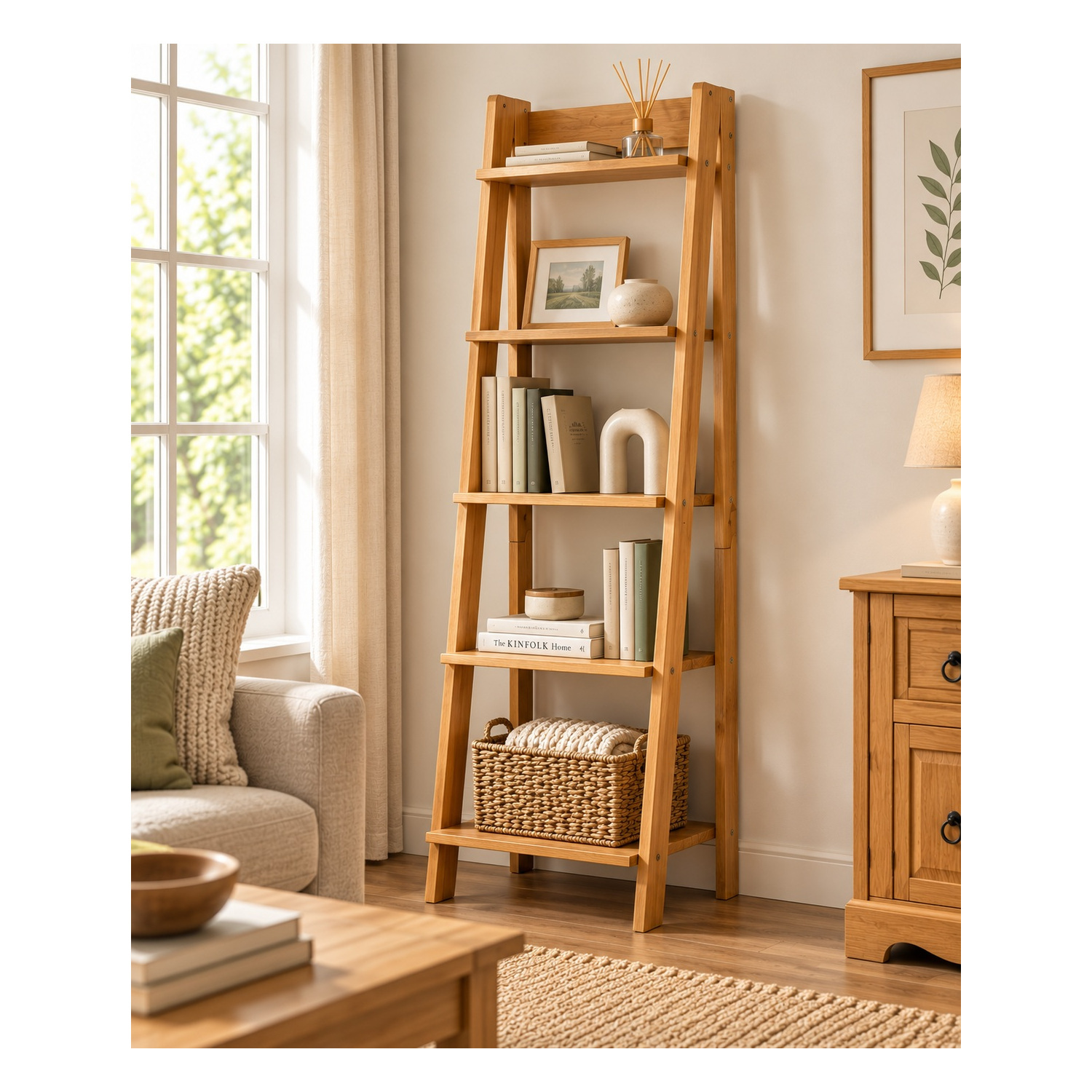 Mews Corona Ladder Bookcase Solid Pine Wood 5-Tier Shelving Unit - Image 2