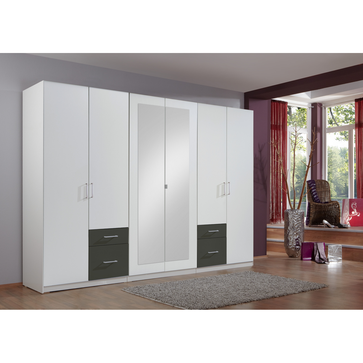 Fly 6 Door Wardrobe With Graphite Drawers - White