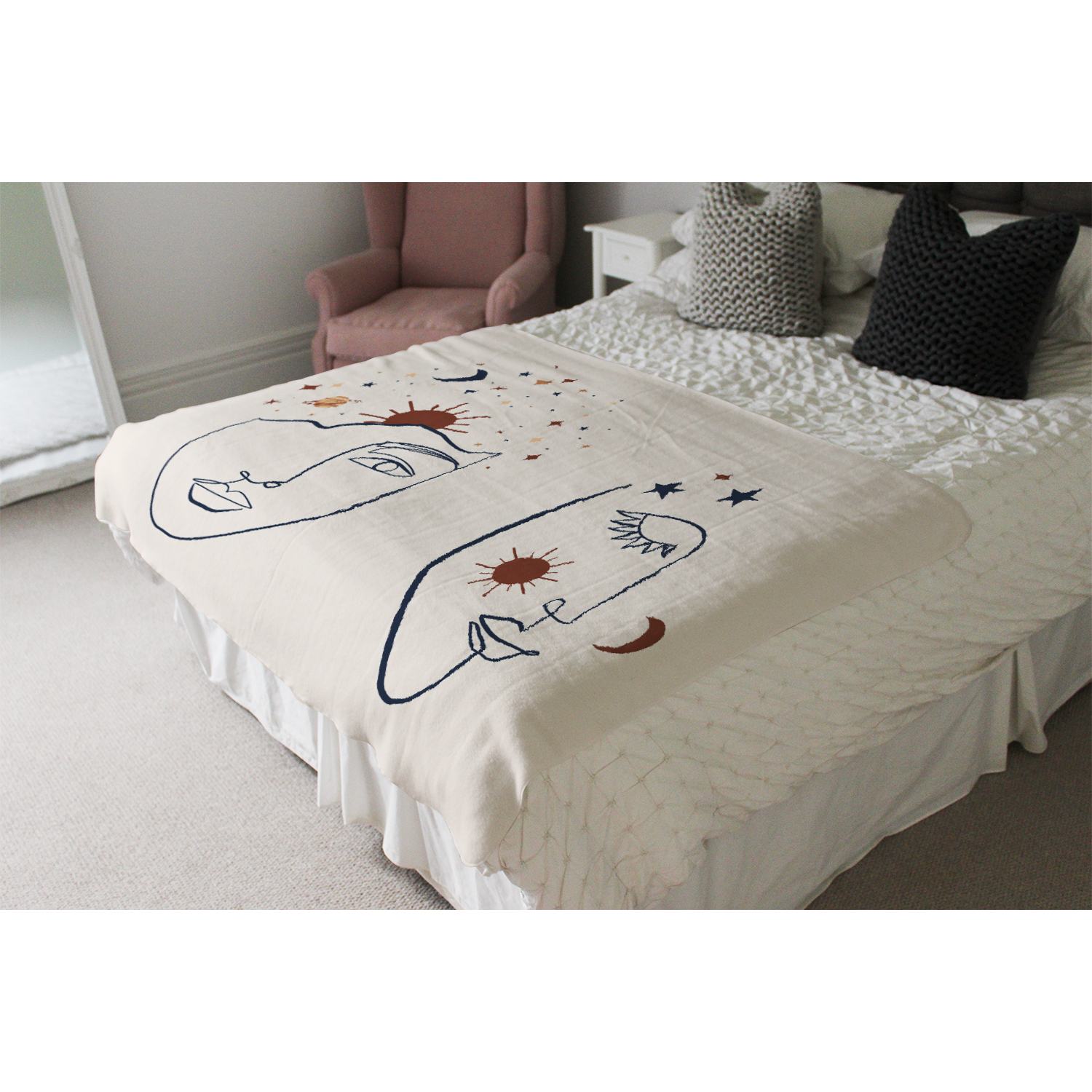 Celestial Elements Like Stars, Moon, Sun And Planets Blanket - White