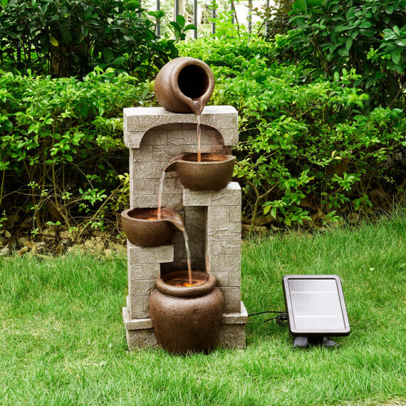 Outdoor Garden Water Fountain Feature Solar Power 4 Tier Pot with LED Lights