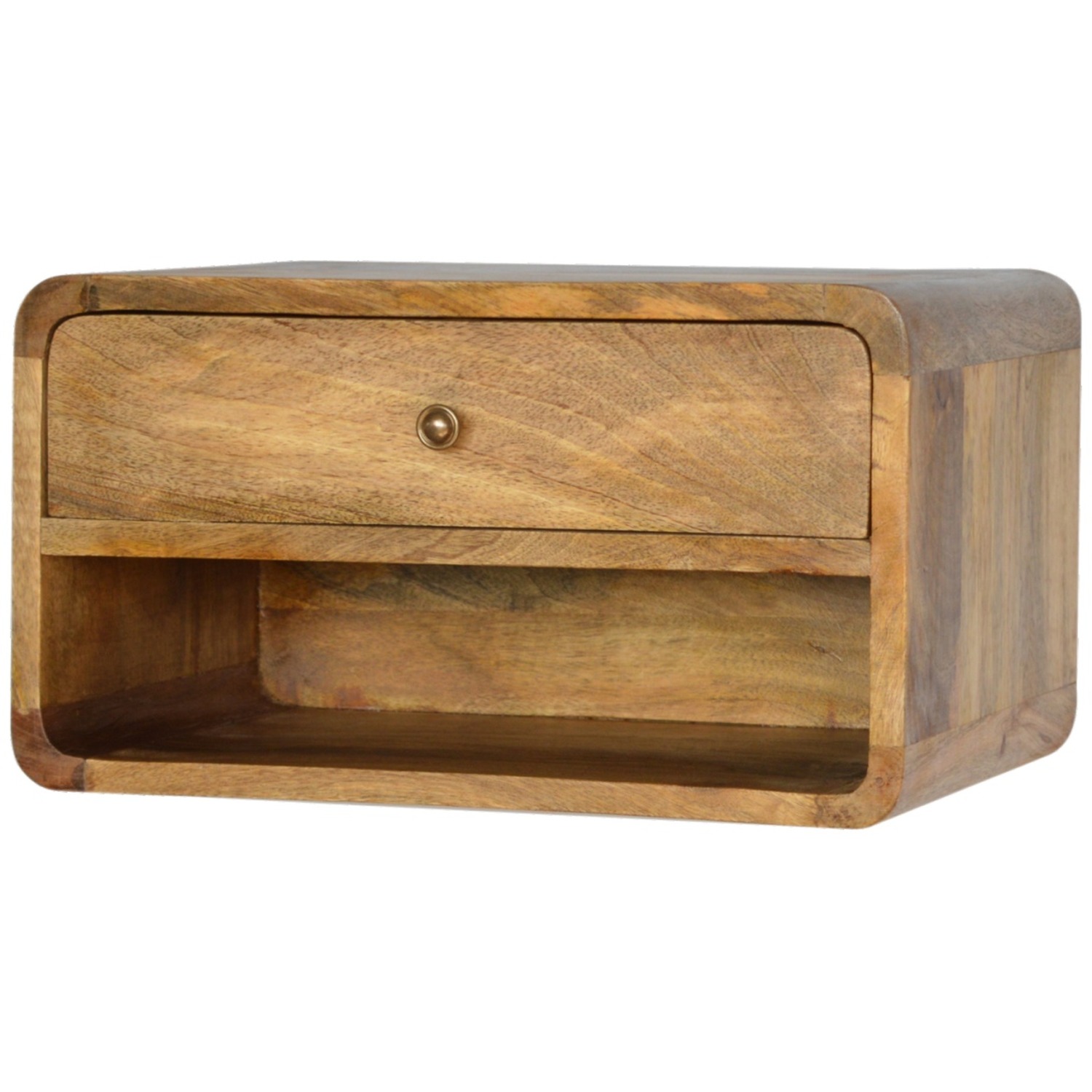 1 Drawer Curved Oak-ish Wall Mounted Bedside Table With Open Slot - Brown