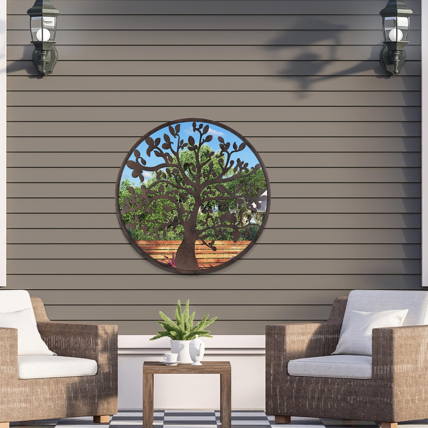 MirrorOutlet - Chelsea Metal Round Shaped Tree Garden Mirror - Brown thumbnail