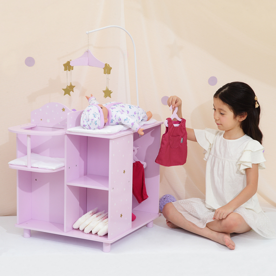 Kids Wooden Baby Doll Changing Station with Storage, Purple