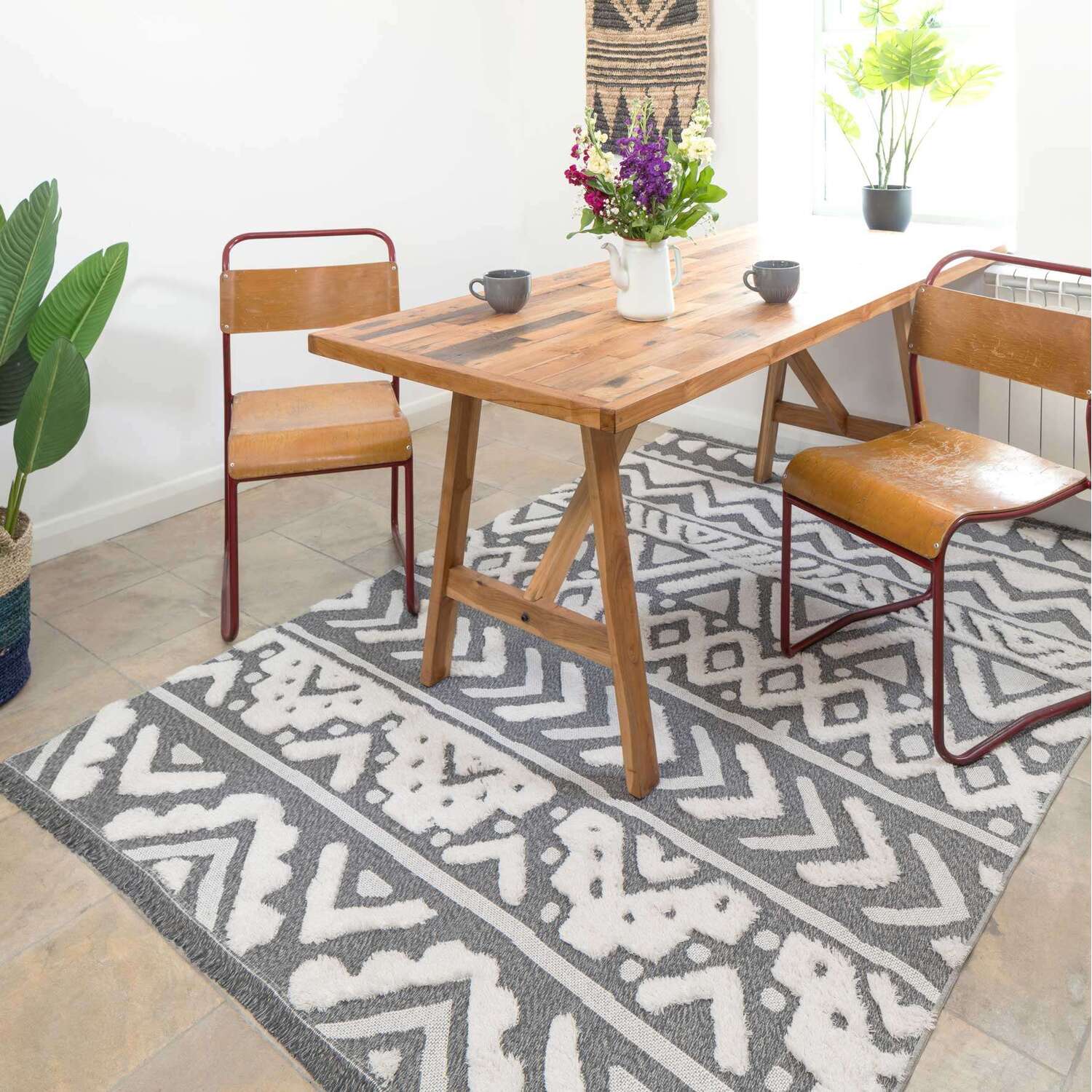 The Rug Wholesaler - Grey Tribal Tufted Cotton Sustainable Living Room Rug - Tribal - Grey / 120x170cm thumbnail