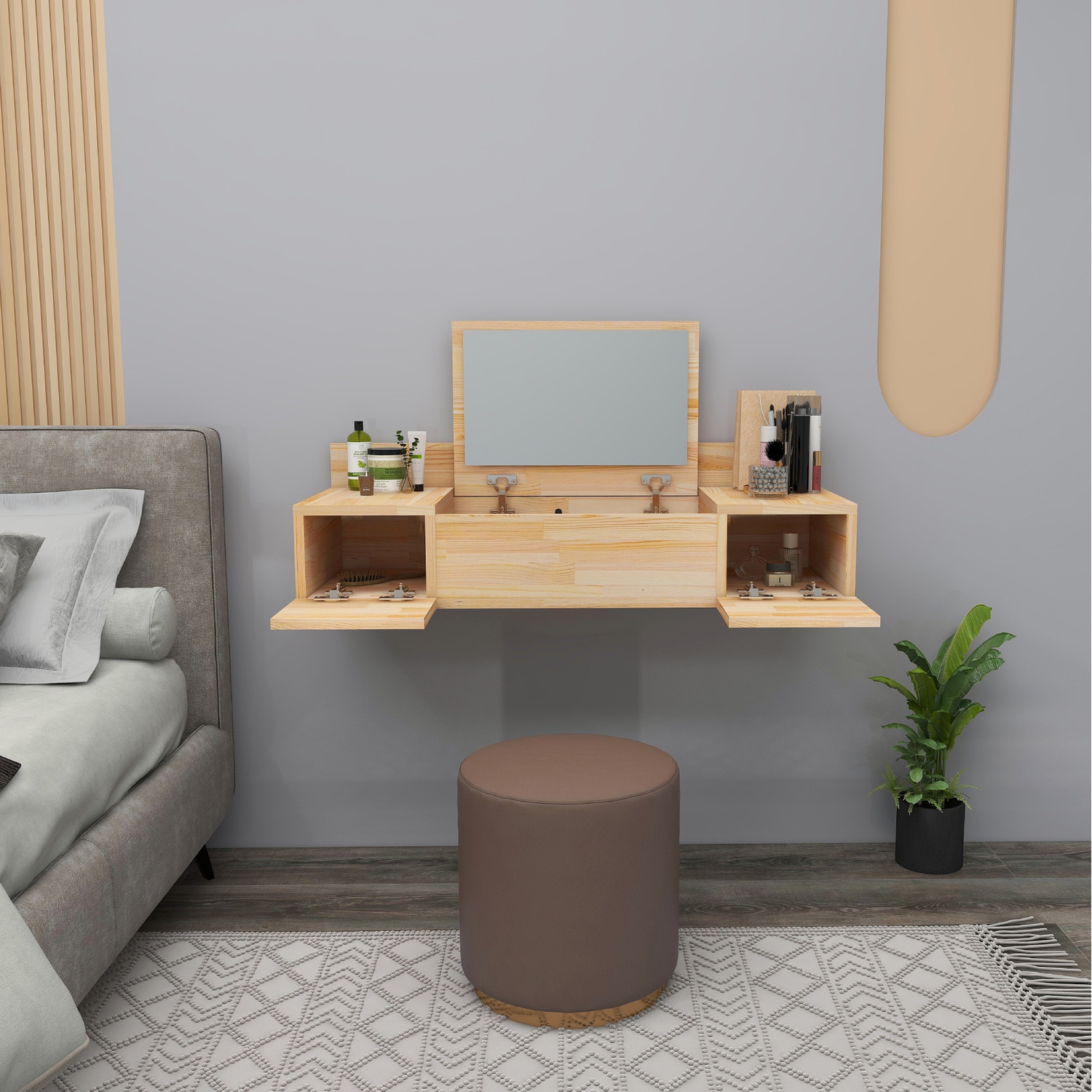 Solid Pine Wood Handmade Vanity Dressing Table With Mirror Beryl - Natural
