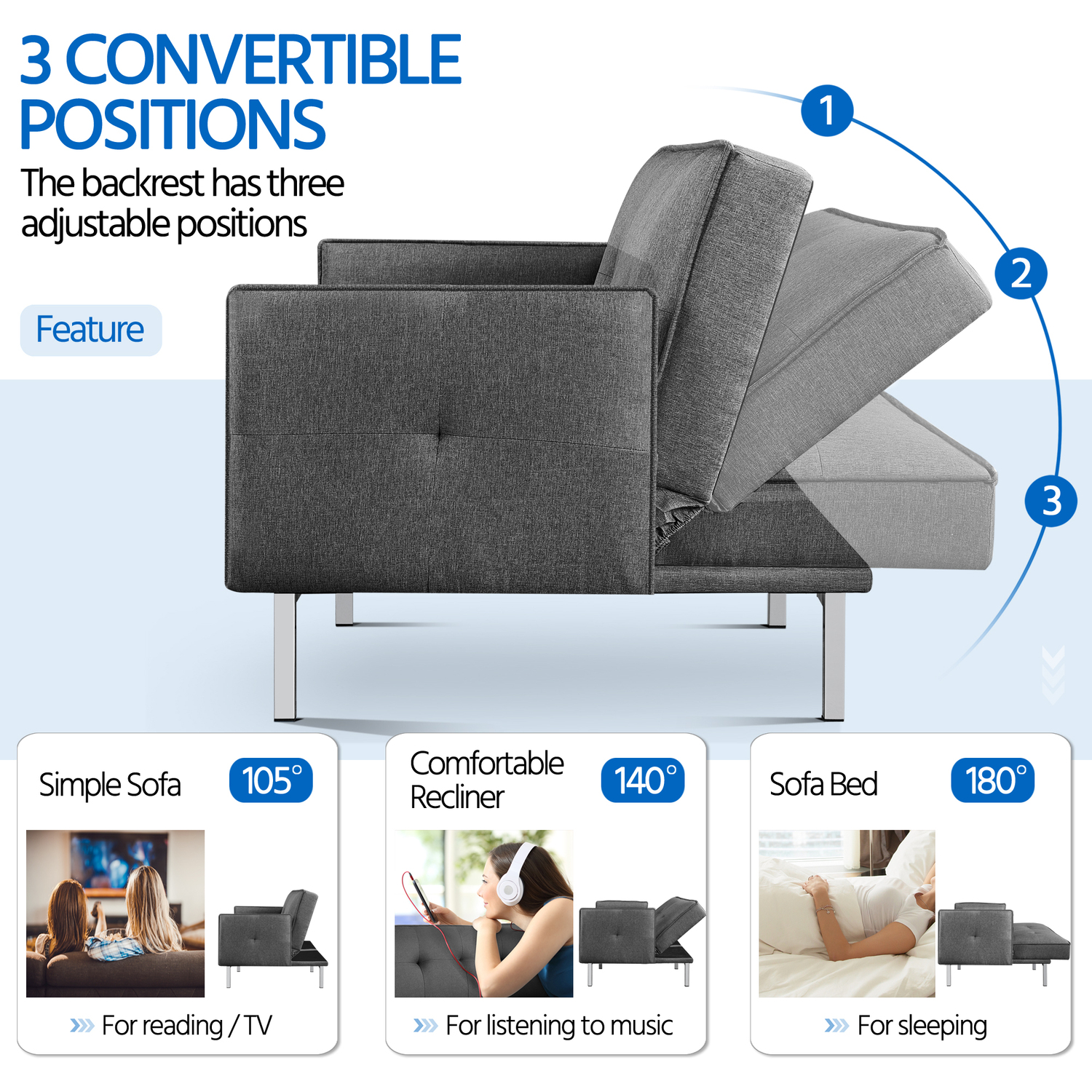 Yaheetech Convertible Sofa With 2 Pillows - Dark Grey