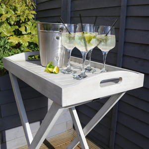 FSC Acacia White Washed Wooden Space Saving Garden Butler Tray