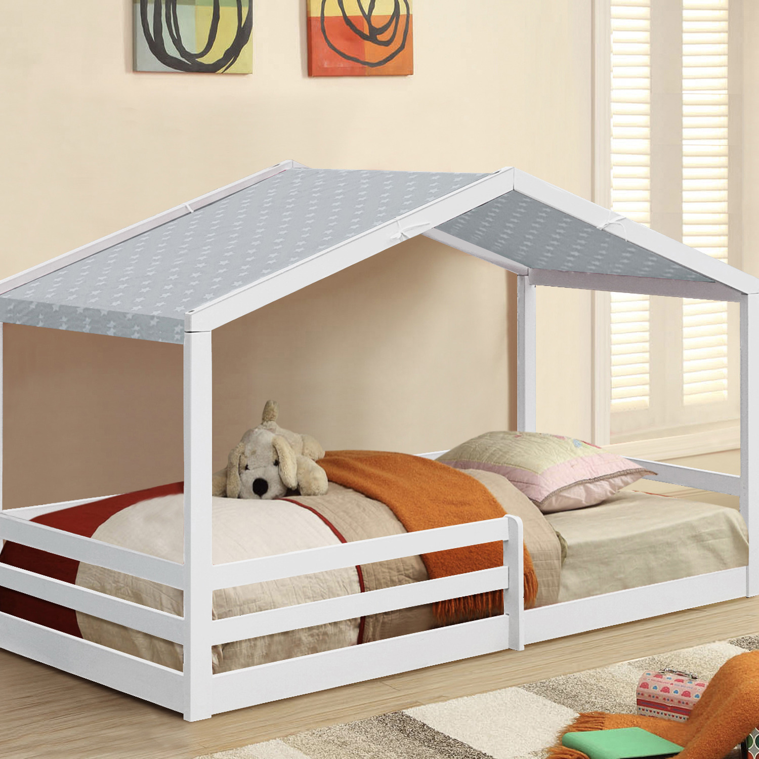 3ft Single Wooden House Style Bed With Tent Option - White Grey Tent
