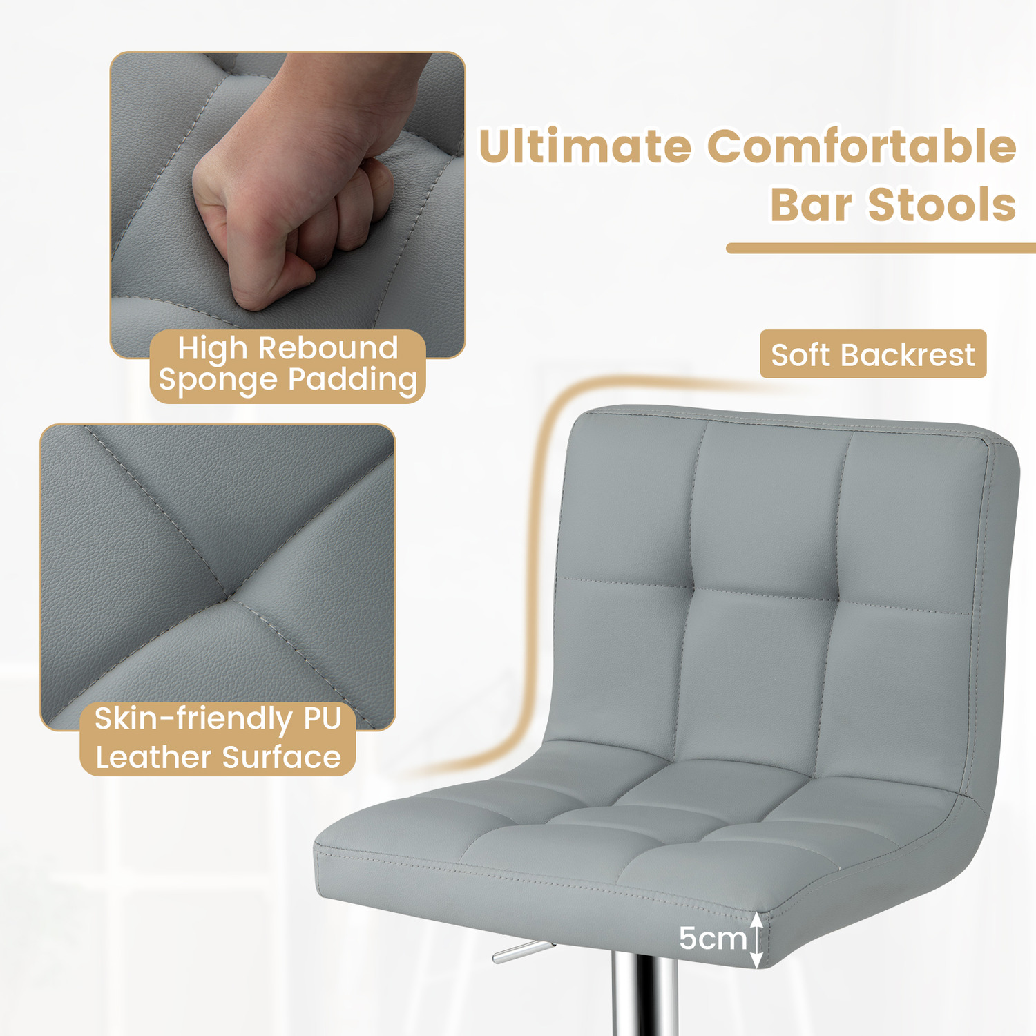 Set Of 2 Bar Stool Pu Leather Counter Height Chair - Grey