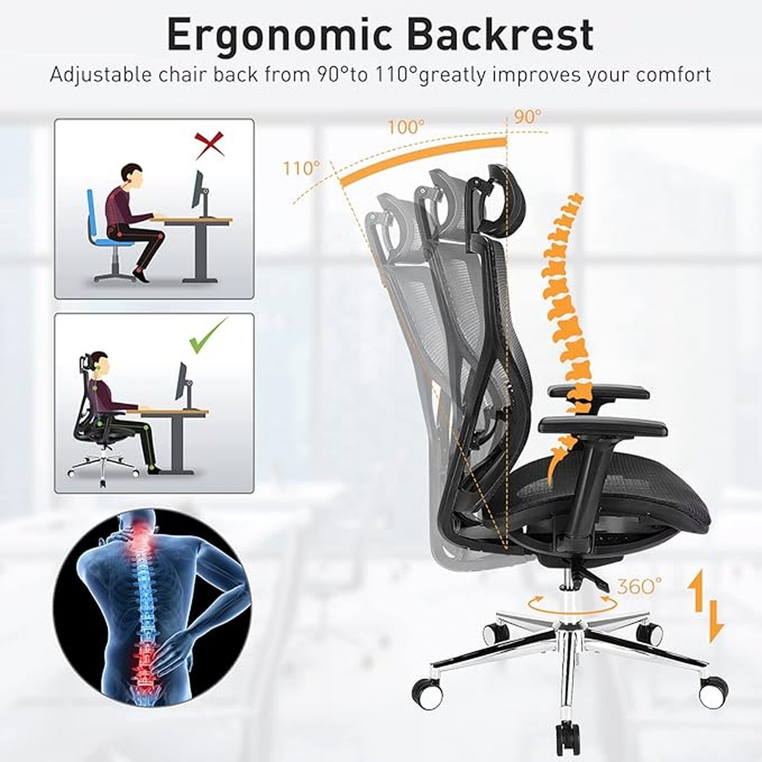 Mesh Office Chair Ergonomic Swivel Computer Chair - Black