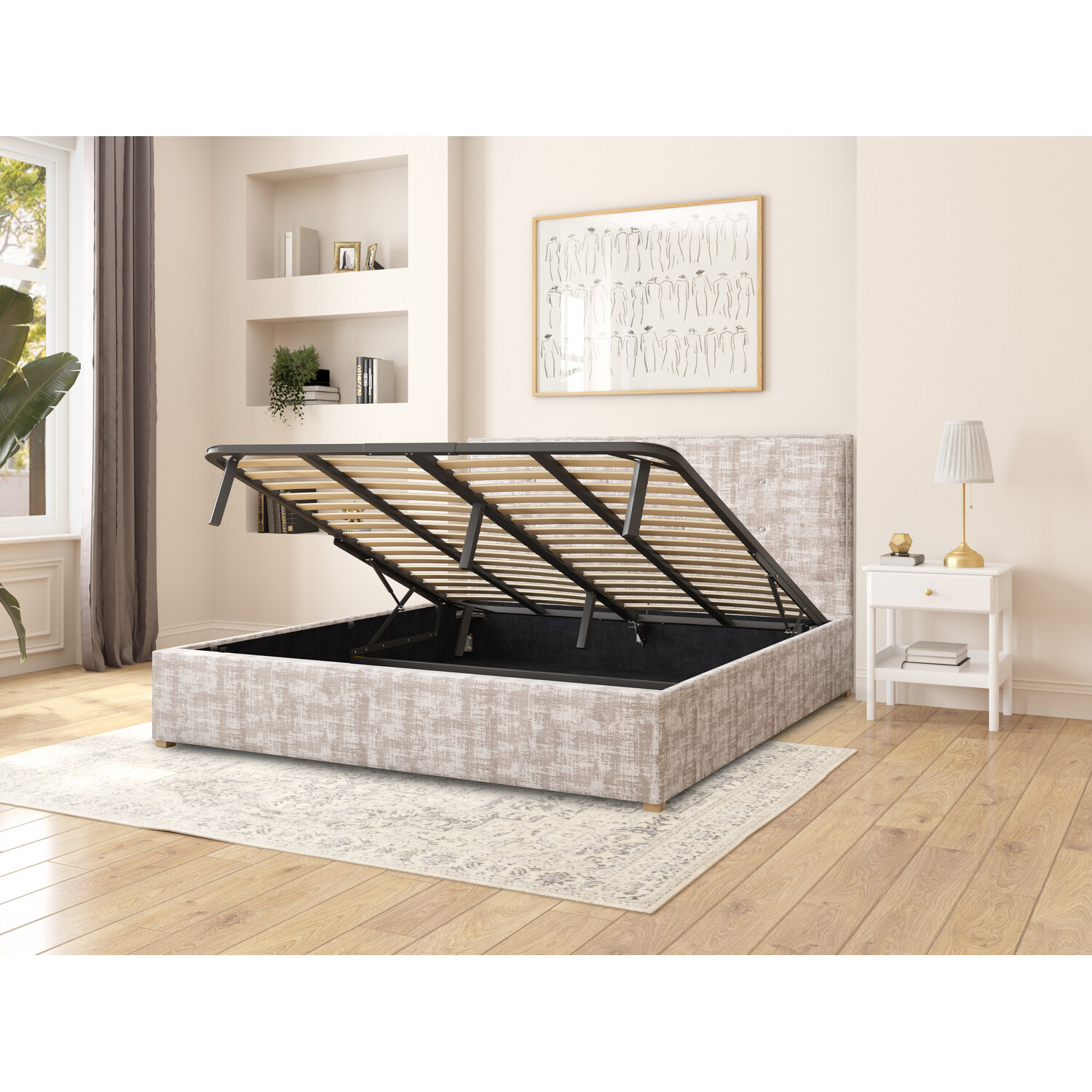 Presley Fabric Ottoman Storage Bed Distressed Velvet Fabric - Platinum Superking