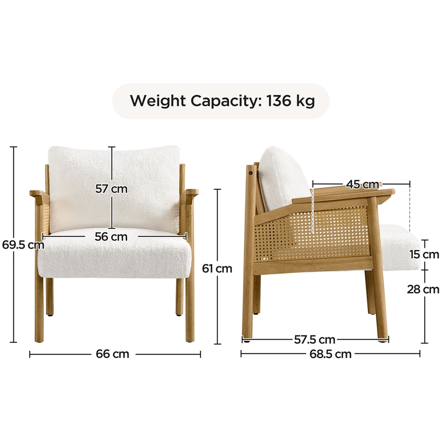 Boucle Upholstered Chair With Rattan Back - White