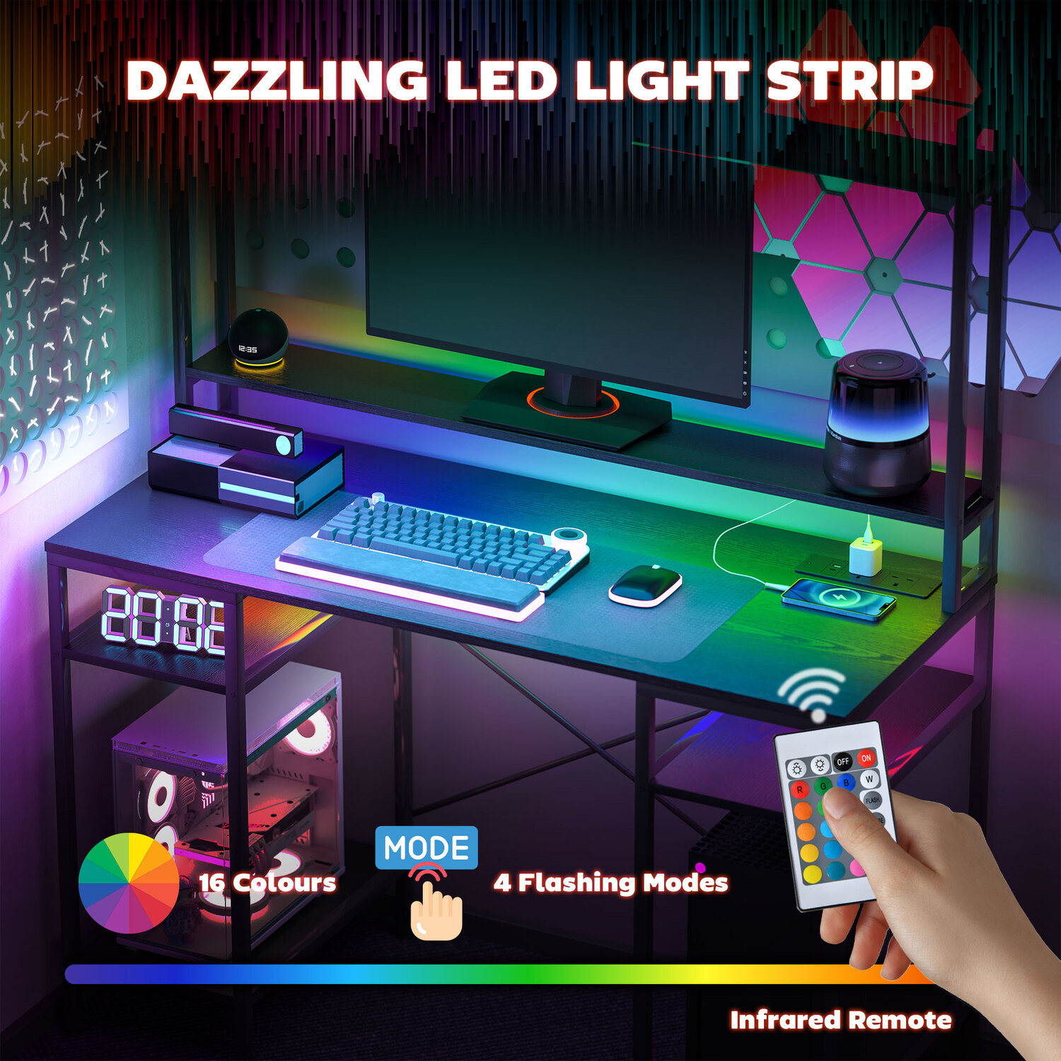HOMCOM Computer Desk with Power Outlet and LED Lights 920-087V70BK