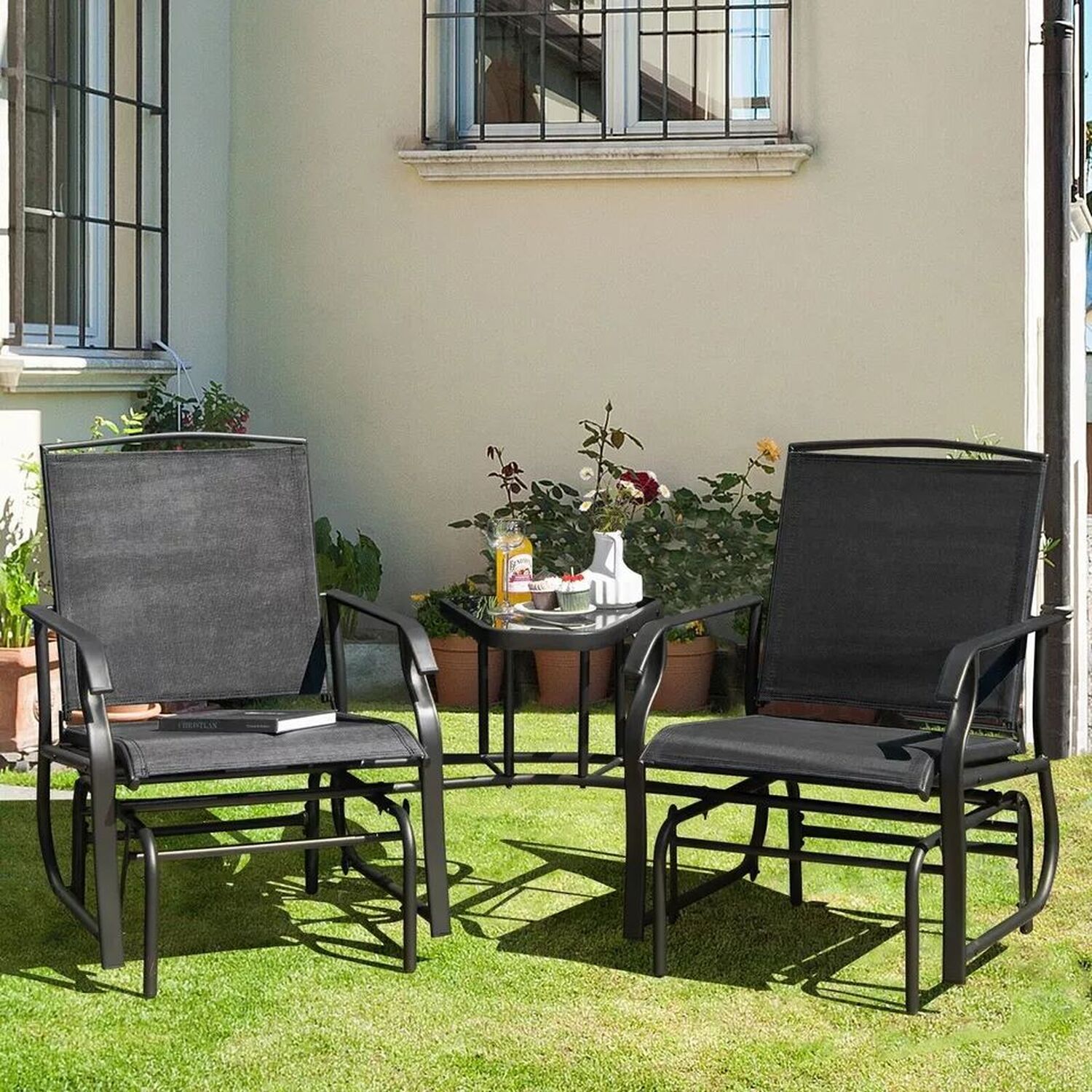 Chair And Table Set Garden With Hole For Umbrella - Black