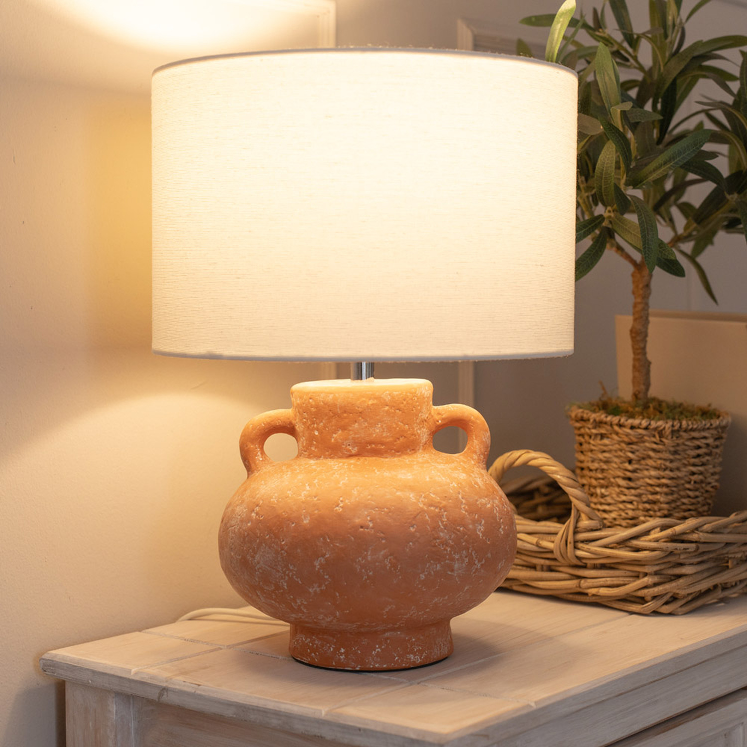 Theo Terracotta Vase Ceramic Table Lamp with Linen Drum Shade and LED Bulb - Orange