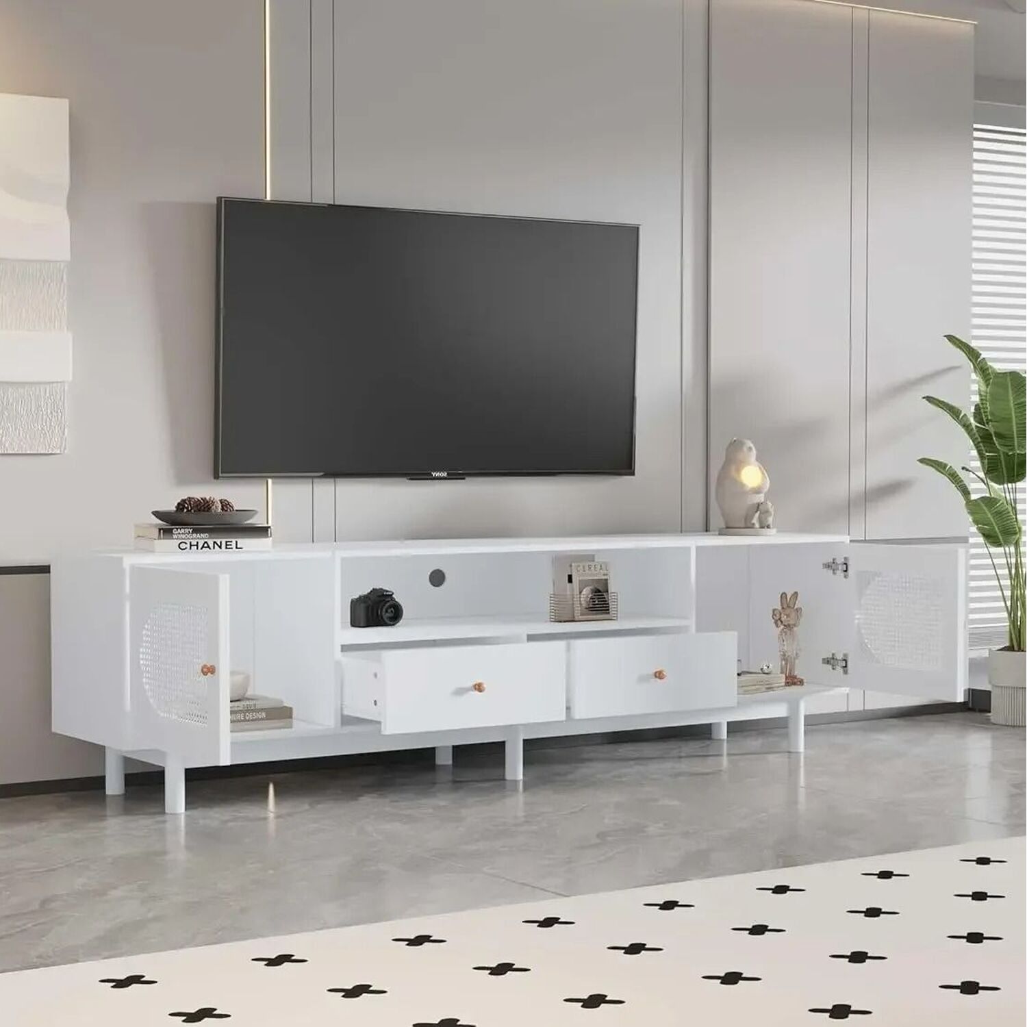 Elegant 180 Cm Long Tv Cabinet With Doors For 80 Inch Tv - White