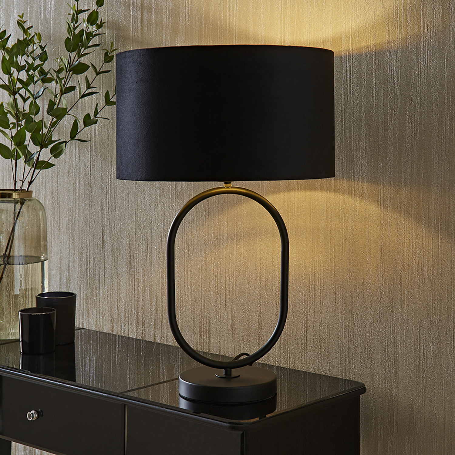 Antonia Matte Black Oval Table Lamp Velvet and Metallic Shade and LED Bulb - Black