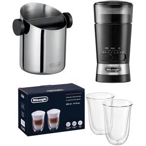 De'Longhi Knock Box Grinder and Latte Glasses