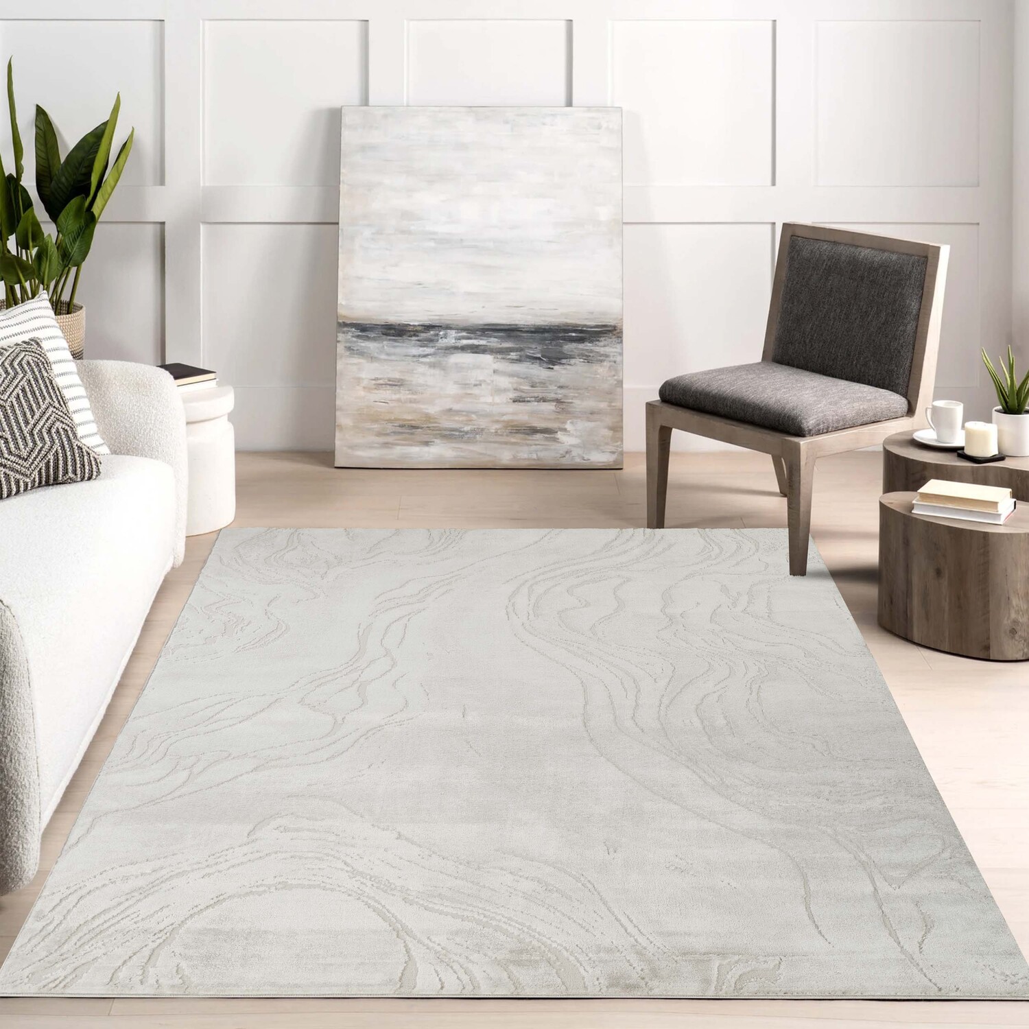 Novu Modern Abstract Action Living Room Area Rug Metallic Sheen- Stream Beige - Beige / 170cm
