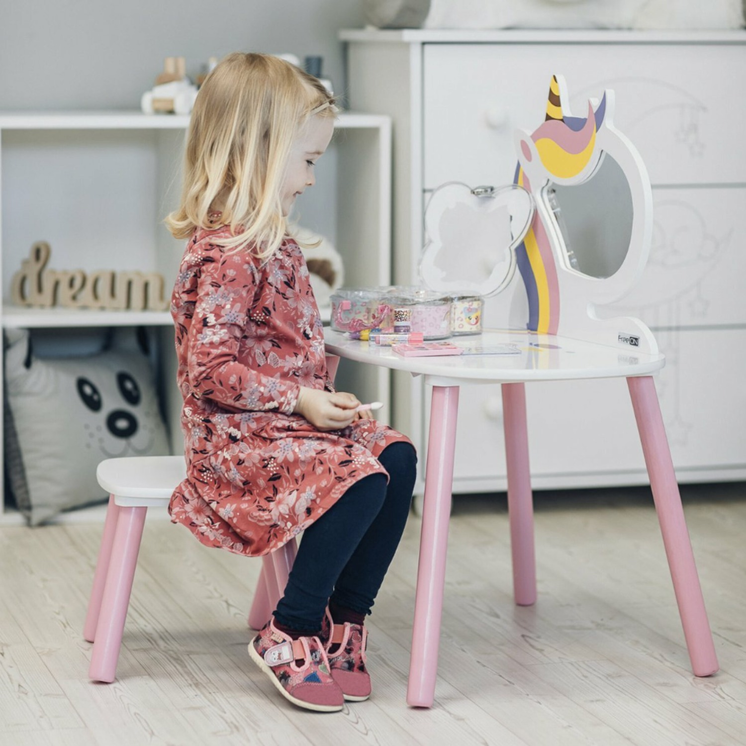 Unicorn Themed Vanity Table Set With Mirror And Stool - Pink