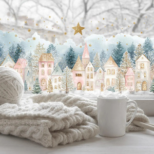 Double Sided Christmas Window Sticker, Winter Village Scene