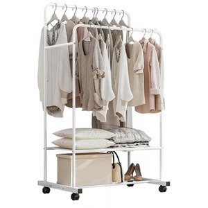 Metal Clothes Rail Open Wardrobe With 2 Storage Shelves and Wheels