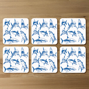 Graphical set of blue sharks isolated on white background Designer Coaster Set