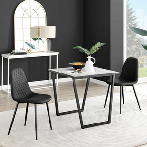 Carson White Marble Effect Square Dining Table and 2 Corona Black Leg Chairs